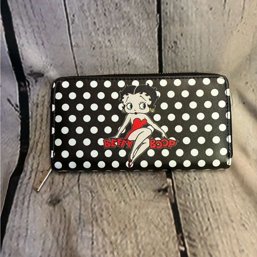 Betty Boop Cartoon Polka Dot Zip Around Clutch Wallet Purse Black White Red‎ EUC